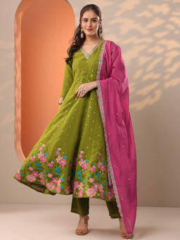 Libas - Green Floral Embroidered Anarkali Kurta with Pant and Dupatta