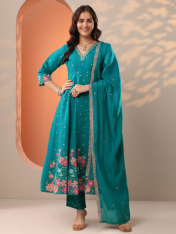 Libas - Green Floral Embroidered Anarkali Kurta with Pant and Dupatta