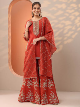 Libas - Rust Yoke Embroidered Kurti with Sharara and Dupatta