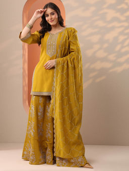 Libas - Mustard Yoke Embroidered Kurti with Sharara and Dupatta