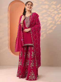 Libas - Pink Yoke Embroidered Kurti with Sharara and Dupatta
