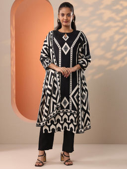 Libas - Black Ethnic Printed Straight Kurta with Pant and Dupatta