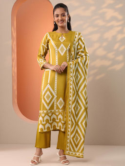 Libas - Mustard Ethnic Printed Straight Kurta with Pant and Dupatta