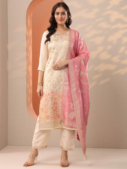 Libas - Cream Floral Woven Straight Kurta with Pant and Dupatta