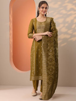 Libas - Mehendi Green Zari Woven Kurta with Pant and Dupatta