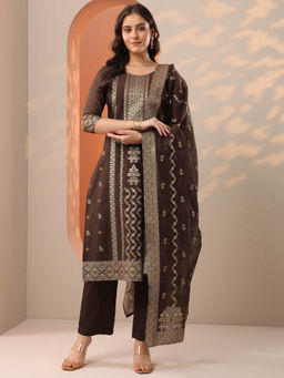 Libas - Brown Zari Woven Kurta with Pant and Dupatta