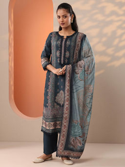Libas - Teal Floral Printed Kurta with Pant and Dupatta