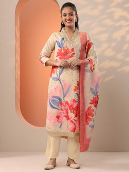 Libas - Off White Floral Printed Straight Kurta with Pant and Dupatta