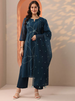 Libas - Teal Floral Embroidered Straight Kurta with Pant and Dupatta