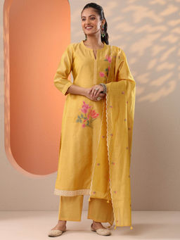 Libas - Yellow Floral Embroidered Straight Kurta with Pant and Dupatta