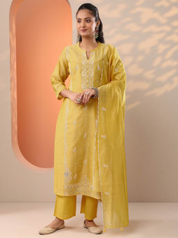 Libas - Yellow Floral Embroidered Kurta with Pant and Dupatta