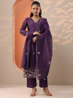Libas - Purple Floral Embroidered Straight Kurta with Pant and Dupatta