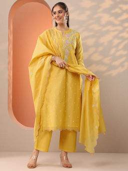 Libas - Yellow Floral Embroidered Straight Kurta with Pant and Dupatta