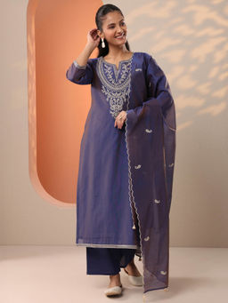 Libas - Navy Blue Embroidered Straight Kurta with Pant and Dupatta