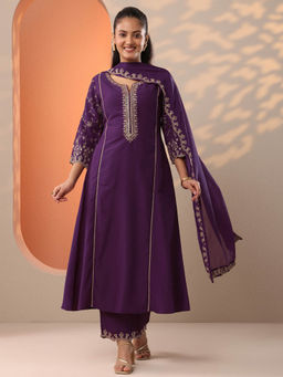Libas - Purple Zari Embroidered A-Line Kurta with Pant and Dupatta