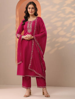 Libas - Pink Floral Embroidered A-Line Kurta with Pant and Dupatta