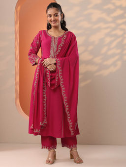 Libas - Pink Zari Embroidered A-Line Kurta with Pant and Dupatta