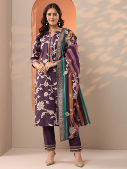 Libas - Purple Floral Printed Straight Kurta with Pant and Dupatta