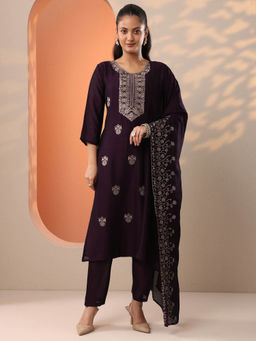 Libas - Burgundy Floral Embroidered Straight Kurta with Pant and Dupatta