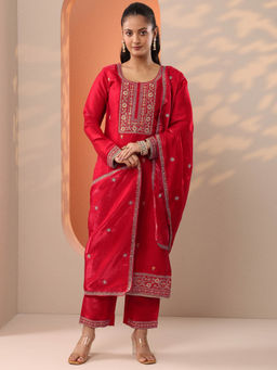 Libas - Red Floral Embroidered Straight Kurta with Pant and Dupatta