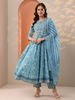 Libas - Blue Floral Printed Anarkali Kurta with Pant and Dupatta