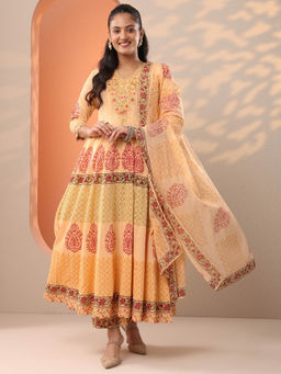 Libas - Peach Block Printed Anarkali Kurta with Pant and Dupatta
