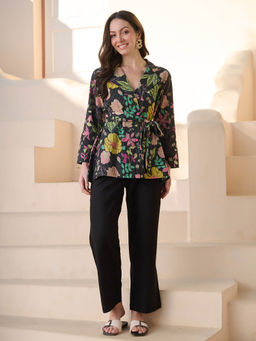 Stylum - Black Floral Printed Katha Cotton Top with Pant and Belt