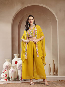 Stylum - Mustard Embroidered Palazzo and Crop Top with Shrug