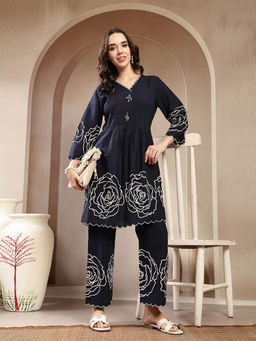 Stylum - Navy Blue Embroidered Cotton Co-Ord Set