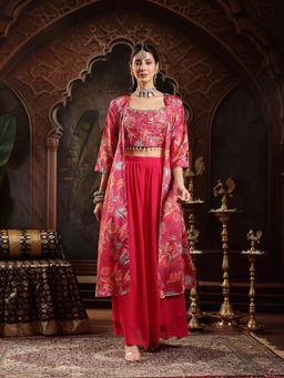 Stylum - Red Floral Printed Embroidered Blouse and Palazzo with Jacket