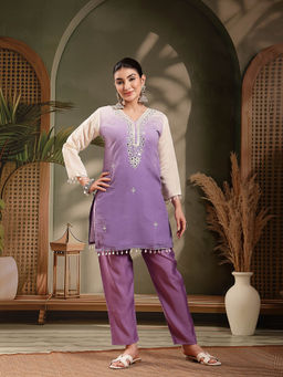 Stylum - Purple Embroidered Mirror Work Silk Blend Kurti with Pant