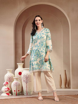 Stylum - Sky Blue Floral Printed Cotton Short Kurti and Pant