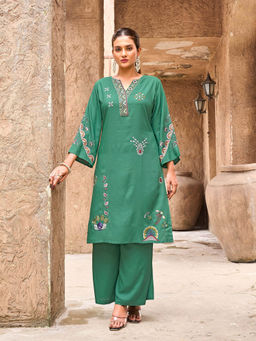 Tikhi Imli - Green Rayon Wishful Thread Embroidered Kurta with Palazzo