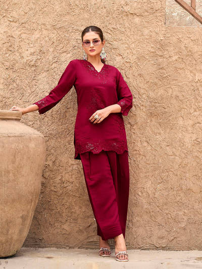 Maroon Silk Blend Farshi Salwar Co-Ord Set (Set of 2)