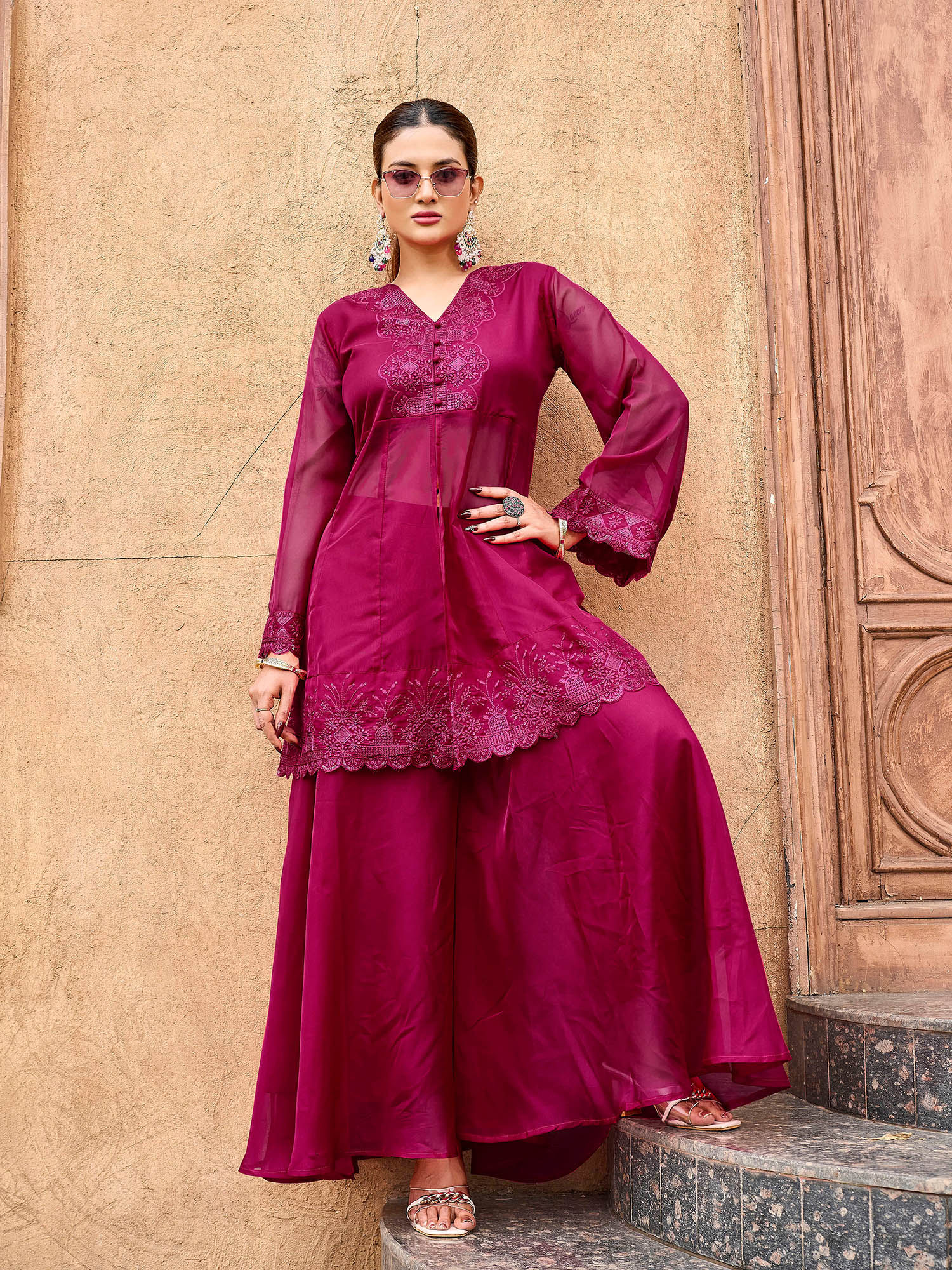 tikhi imli Pink Organza Sequins and Thread Embroidered Kurti with Palazzo-picture-39