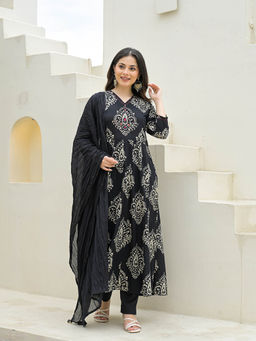 Divena - Black Cotton Anarkali Kurta with Pant and Dupatta