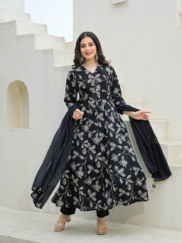 Divena - Black Cotton Anarkali Kurta with Pant and Dupatta