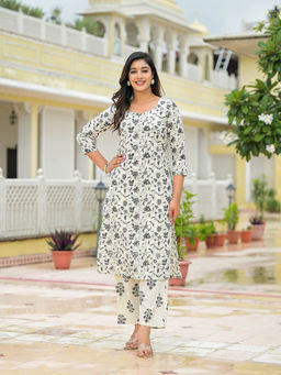 Divena - Off White Floral Printed Cotton Kurta with Pant