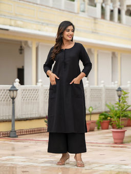 Divena - Black Solid Cotton Kurta with Palazzo