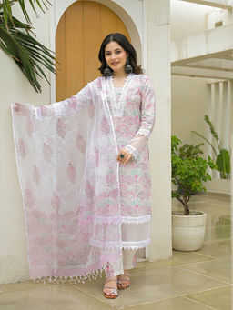 Divena - Multi-Color Cotton Printed Straight Kurta with Pant and Dupatta