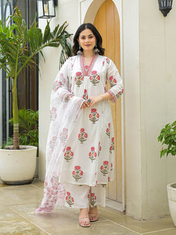 Divena - White Cotton Hand Block A-Line Kurta with Pant and Dupatta