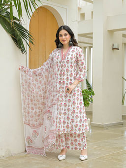 Divena - White Cotton Hand Block Print Kurta with Palazzo and Dupatta