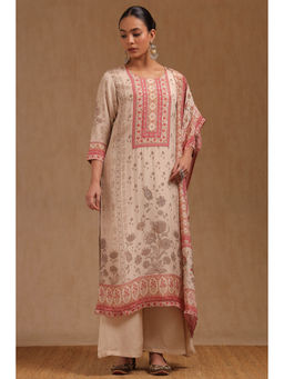Soch - Beige Muslin Floral Print Kurta with Palazzo and Dupatta