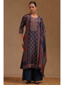 Soch - Navy Blue Muslin Floral Printed Kurta with Palazzo and Dupatta