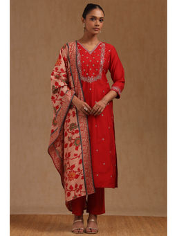 Soch - Red Muslin Embroidered Kurta with Pant and Dupatta
