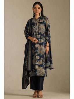Soch - Navy Blue Muslin Floral Print Kurta with Pant and Dupatta