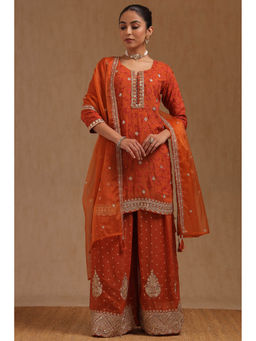 Soch - Orange Organza Embroidered Kurti with Palazzo and Dupatta