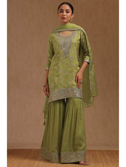 Soch - Light Green Organza Floral Woven Kurti with Sharara and Dupatta