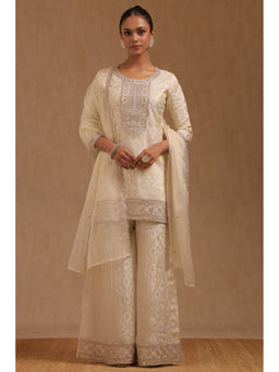 Soch - Cream Tissue Embroidered Kurti with Sharara and Dupatta