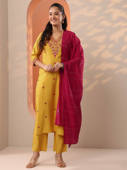 Gerua By Libas - Yellow Floral Embroidered Straight Kurta with Pant and Dupatta